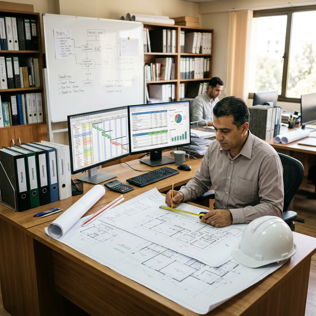 Architect reviewing building plans beside project schedule monitors